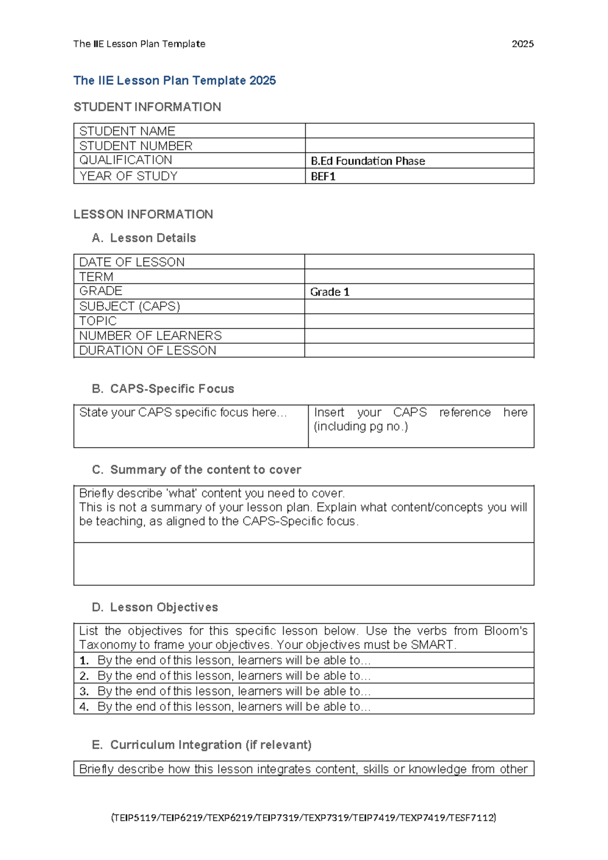 2025 IIE Lesson Plan Template for B.Ed Foundation Phase - Studocu