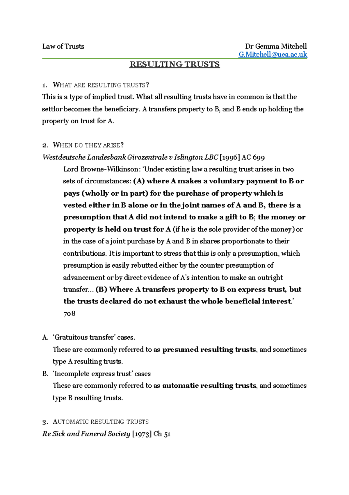 Resulting Trusts in Property Law: Key Concepts and Cases - Studocu