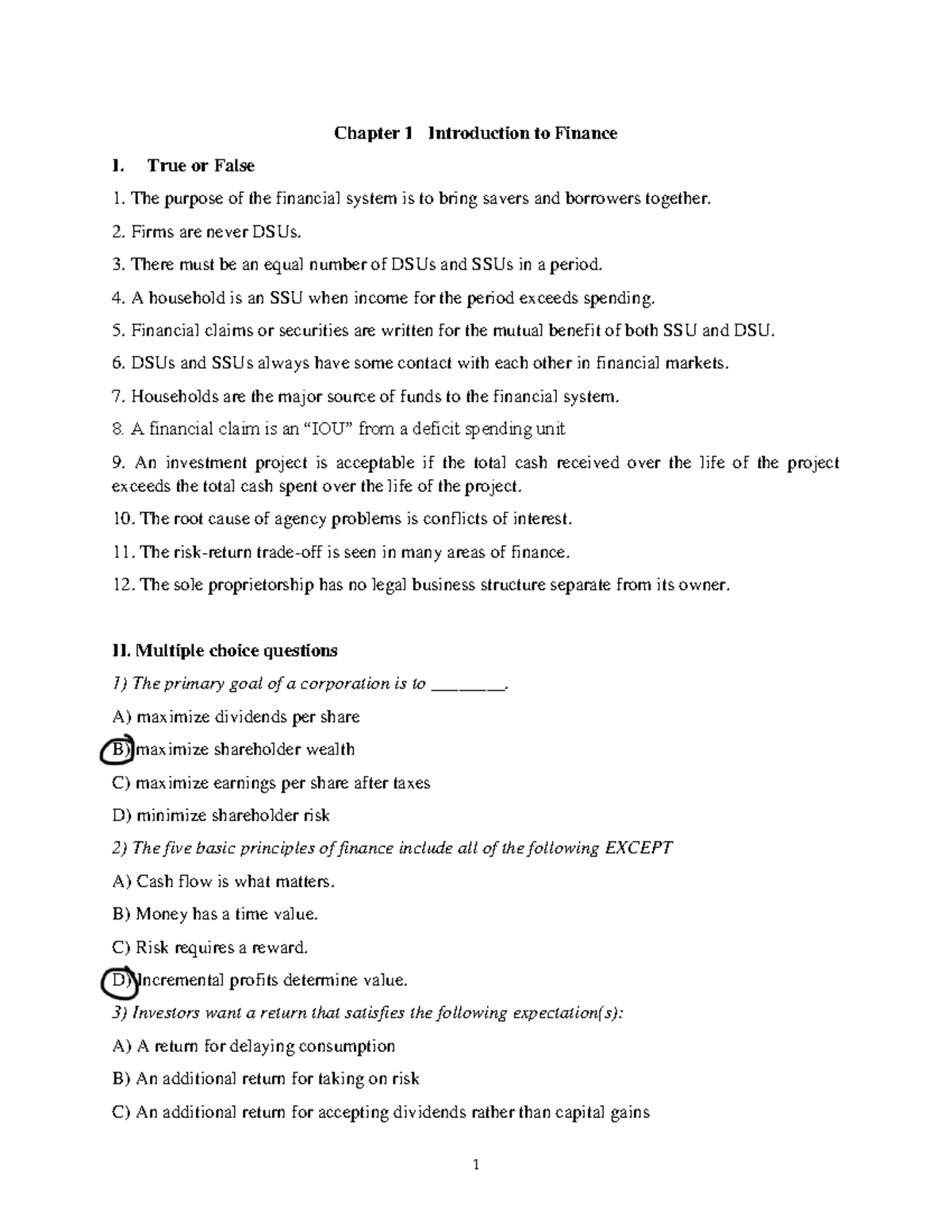 Chapter 1 - MCQs for Finance I: Introduction to Financial Concepts ...