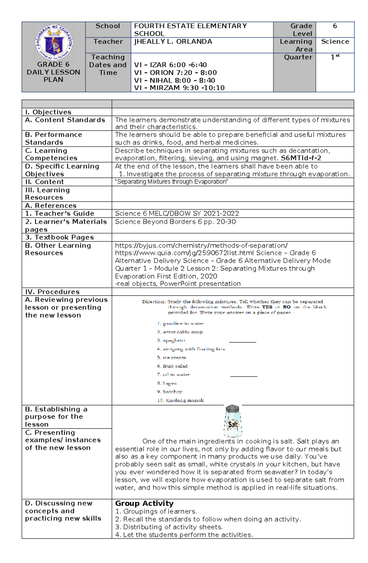 Q1 SCI DLP W1D18: Understanding Evaporation in Mixture Separation - Studocu