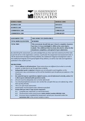 Examination Brief - Assessment Brief: Exam BUSINESS LAW BUSL MODULE ...