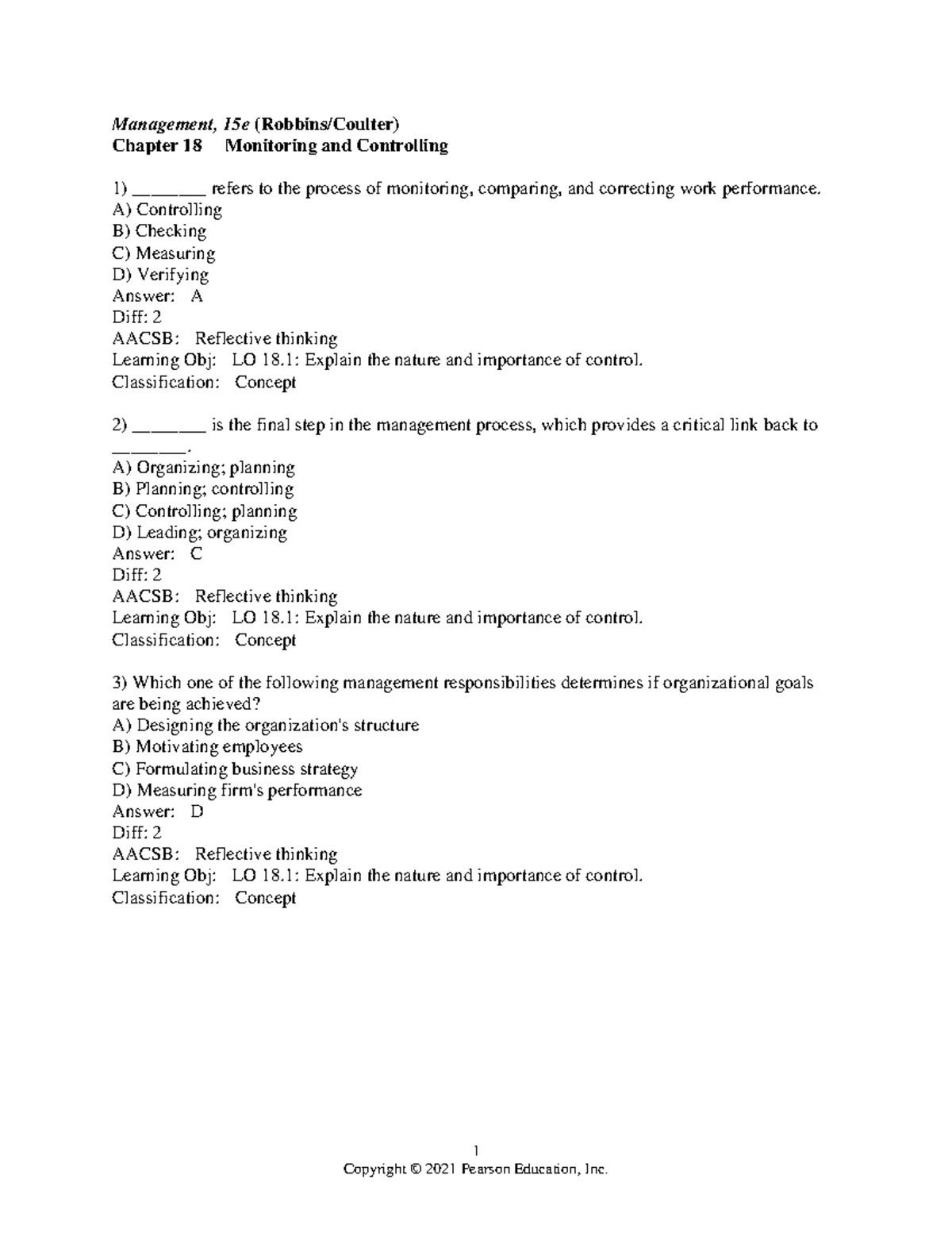 Management 15e: Chapter 18 Control & Monitoring Question Bank - Studocu