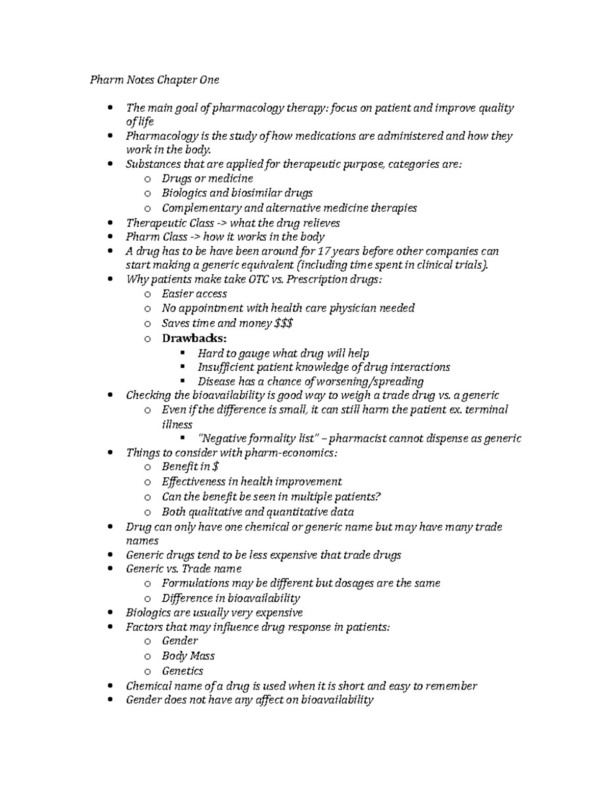 Chapter 1 Study Notes - Pharmacology for Nurses (RN 101) - Studocu