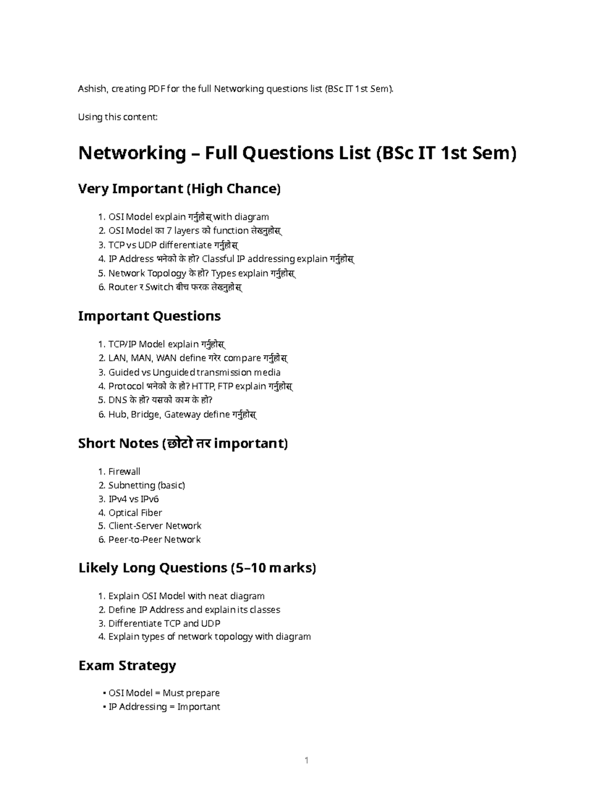 Networking Full Questions List (BSc IT 1st Sem) - Important Topics ...