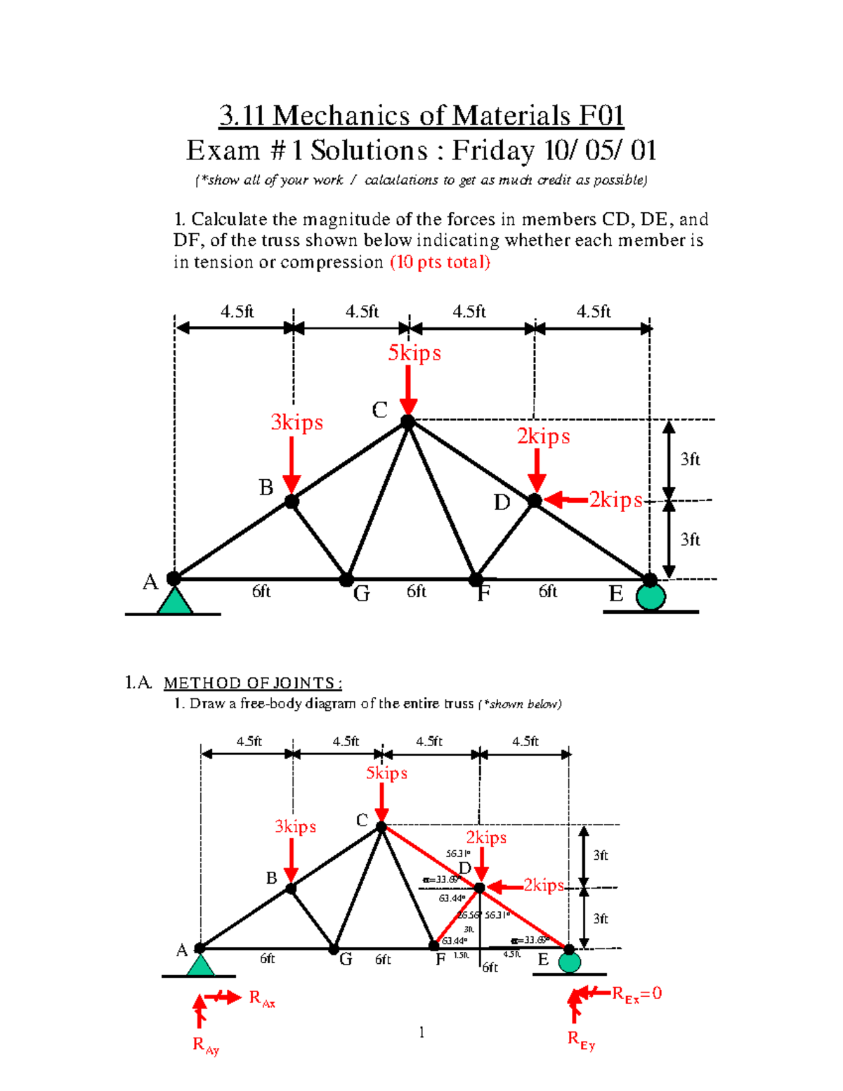 Mechanics of Materials F01 - Exam 1 Solutions and Analysis - Studocu