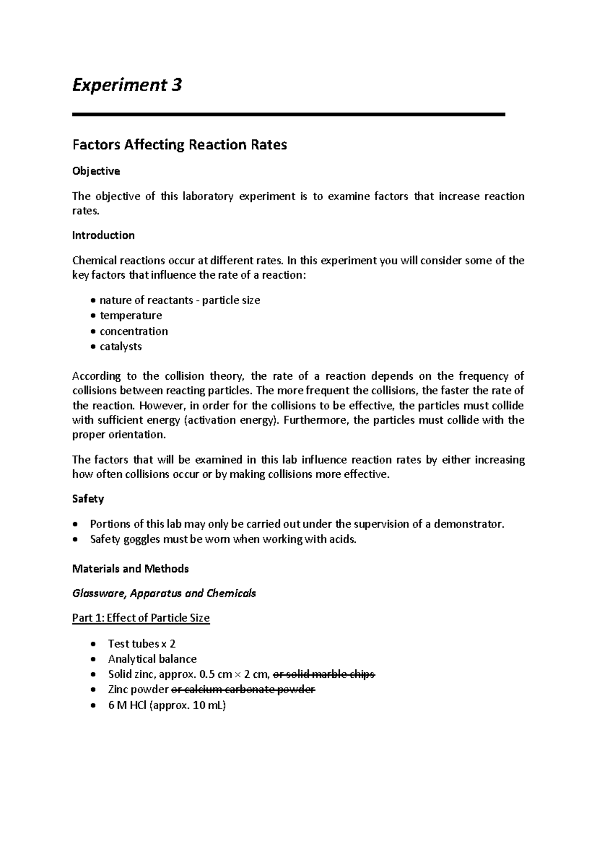Experiment 3: Factors Influencing Reaction Rates in Chemistry Lab - Studocu