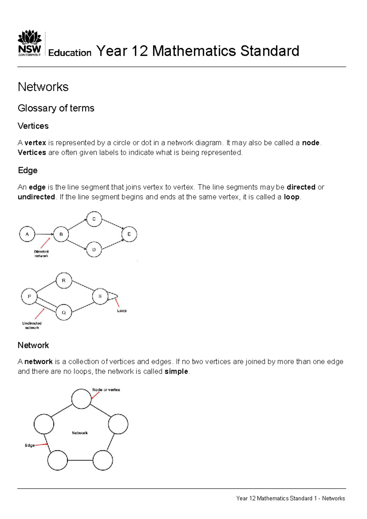 Year 12 Mathematics Standard 1 Networks Glossary of Terms - Studocu