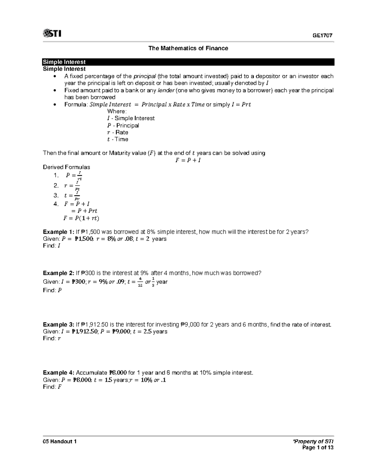GE1707 Mathematics of Finance: Simple & Compound Interest Notes - Studocu