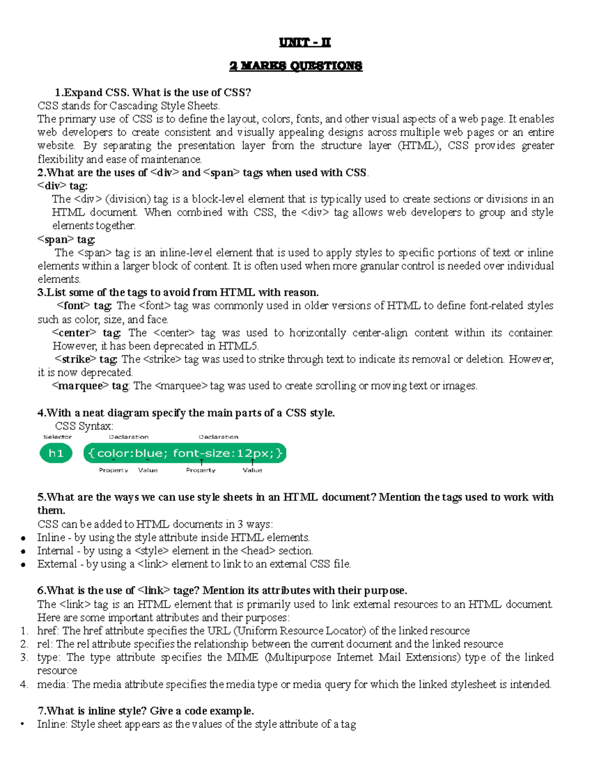 CMA 2 MARKS QUESTIONS - UNIT II CSS Fundamentals - Studocu