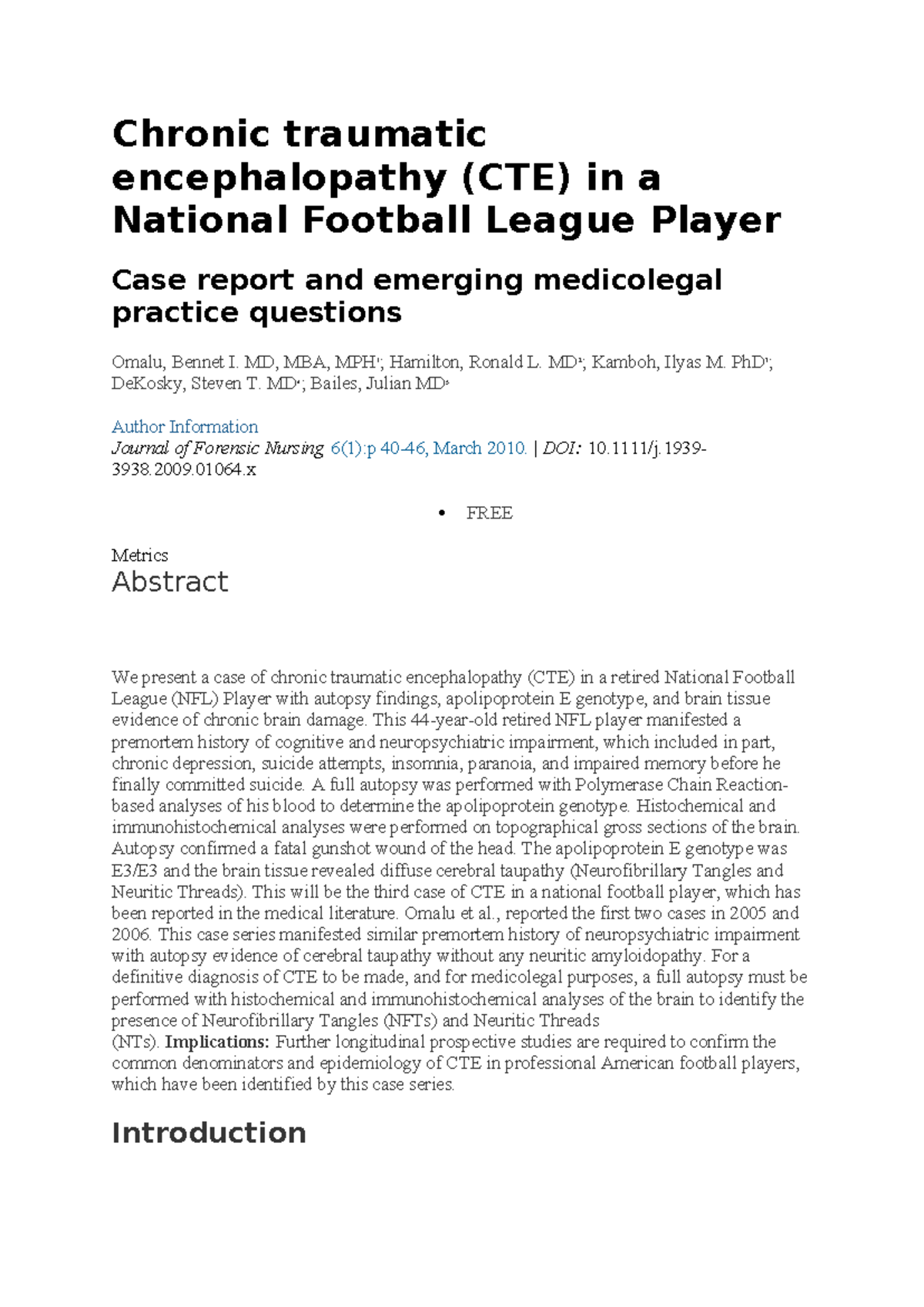 CTE in NFL Players: Case Report & Medicolegal Insights - Studocu
