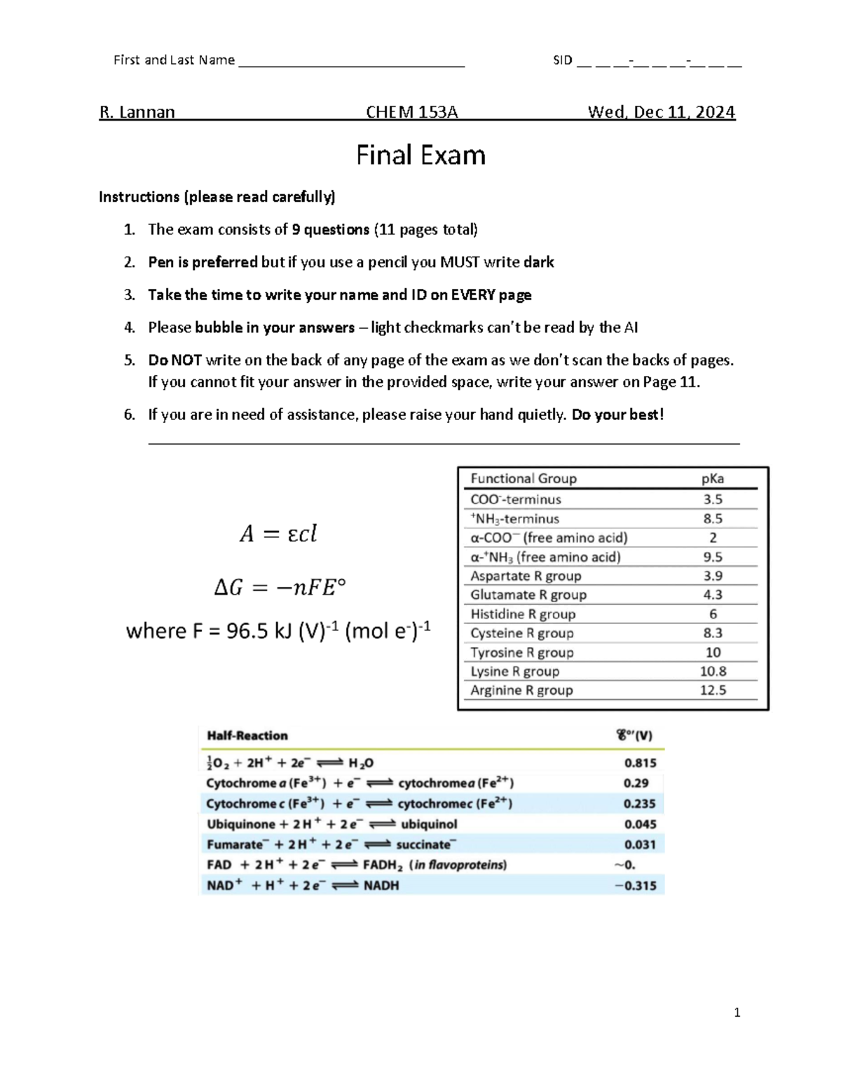 Chem 153A - Final Exam Instructions and Practice Questions - Studocu