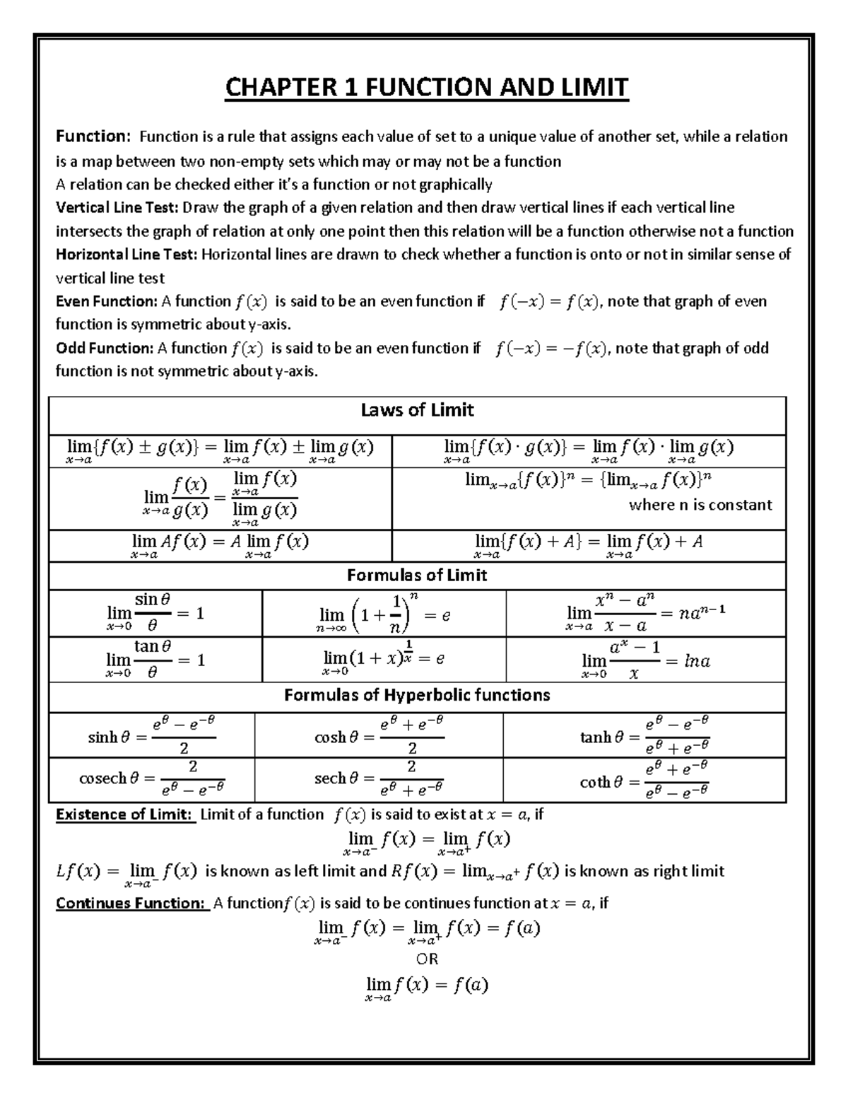 CHAPTER 1: FUNCTIONS AND LIMITS - BS 101 Notes - Studocu