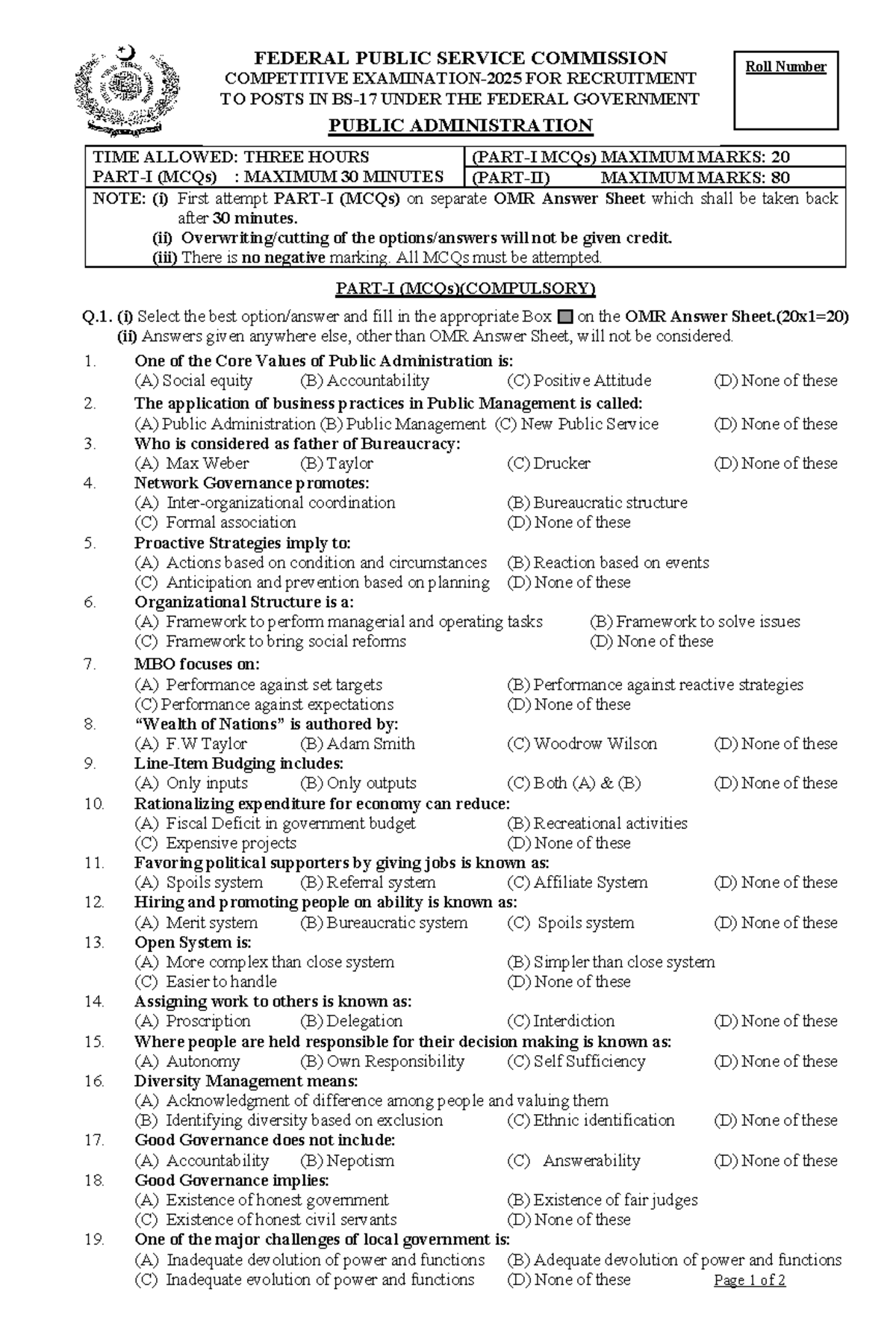 Public Administration Past Paper 2025 (MCQs) - Federal Exam - Studocu