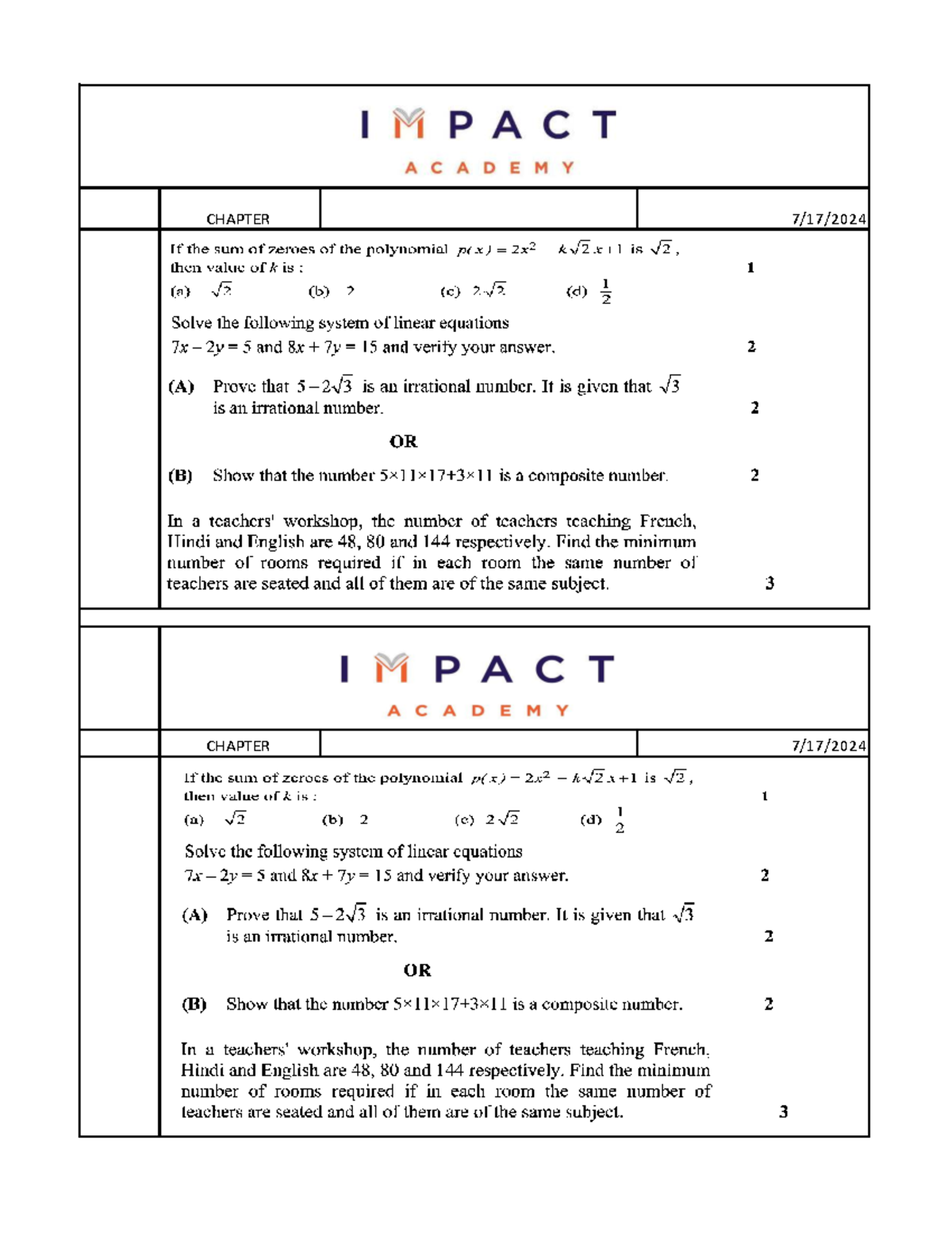 IMPACT ACADEMY MATH WORKSHEET - CHAPTER EXERCISES - Studocu
