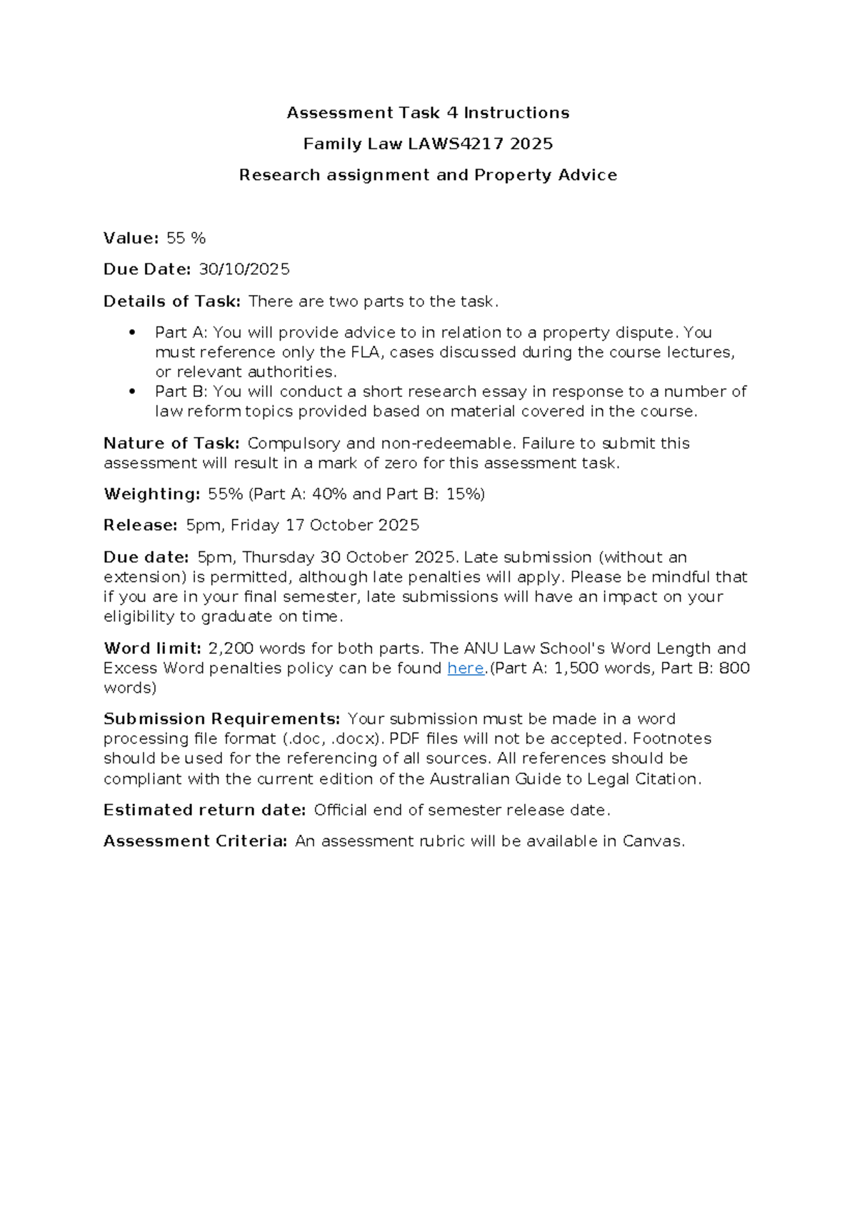 Assessment Task 4: Family Law Research Assignment LAWS4217 2025 - Studocu