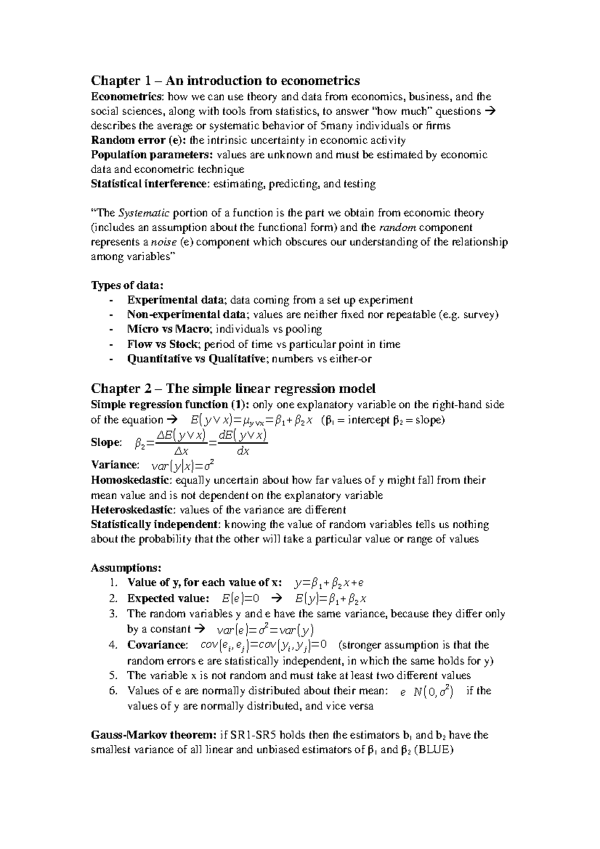 Econometrics (ECON 101) Lecture Notes: Summary & Key Concepts - Studeersnel