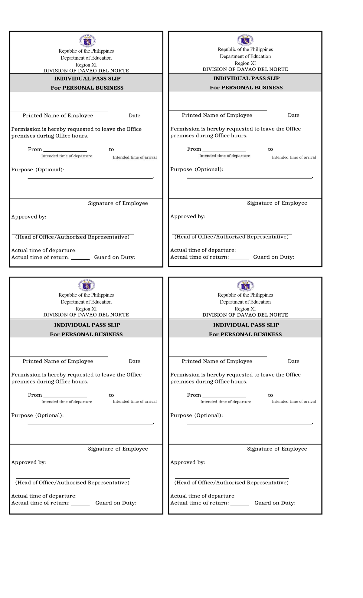 Individual Pass Slip for Personal Business - Davao Del Norte - Studocu