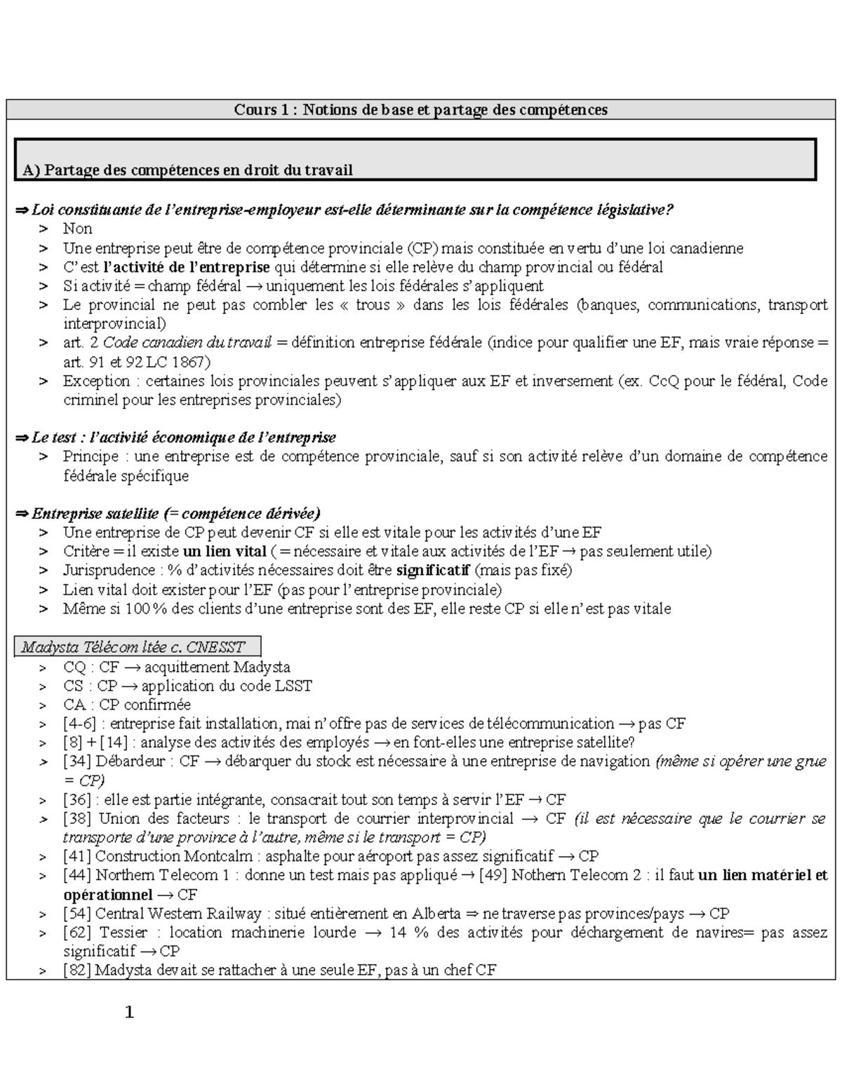 Notes de cours - Droit du travail (Cours 1) : Notions de base et ...