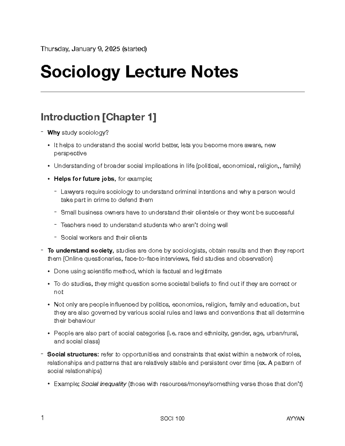 SOCI 100 Lecture notes - Not complete. - Thursday, January 9, 2025 ...