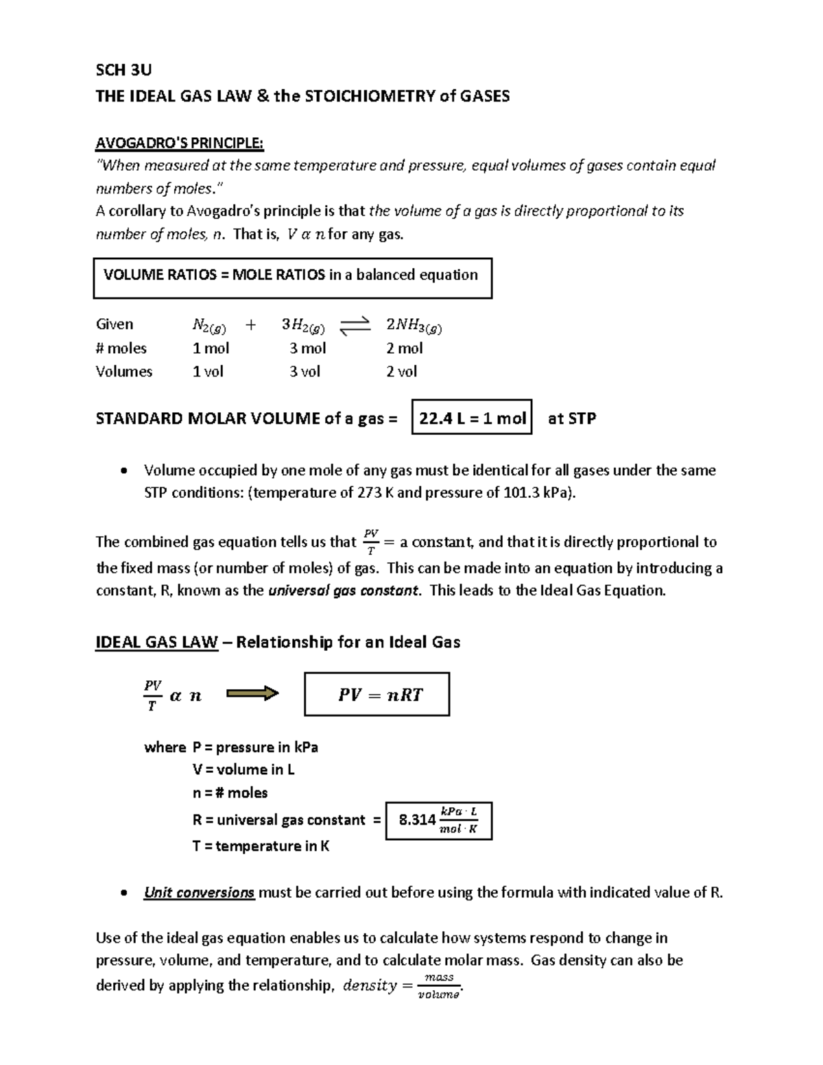 SCH 3U Ideal Gas Law: Stoichiometry of Gases Explained - Studocu
