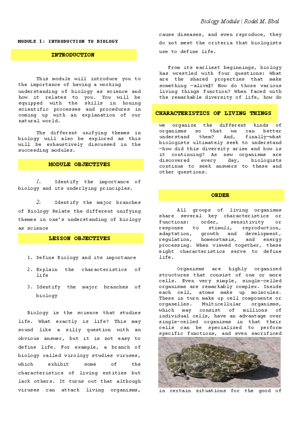 BIO 101: Module 1 - Introduction to Biology and Life Characteristics ...