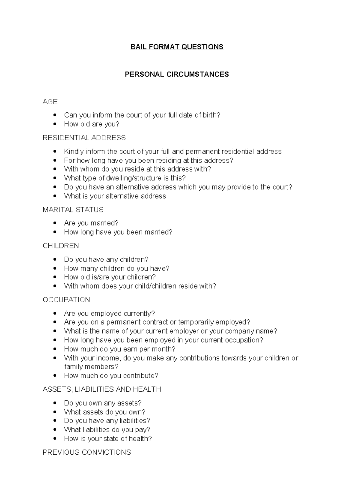 BAIL Format Questions: Personal Circumstances & Considerations (003 ...