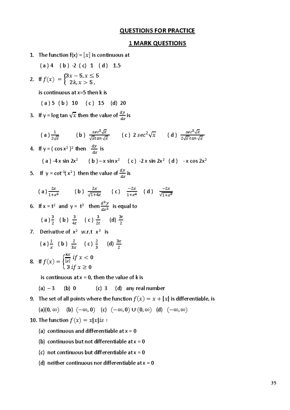Differentiation Practice Questions for Course Code 120429 - Studocu
