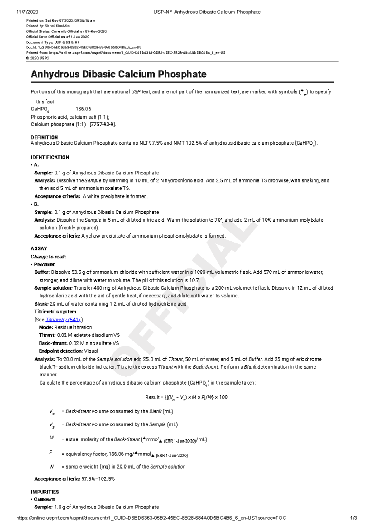 USP-NF Anhydrous Dibasic Calcium Phosphate Reference Guide - Studocu
