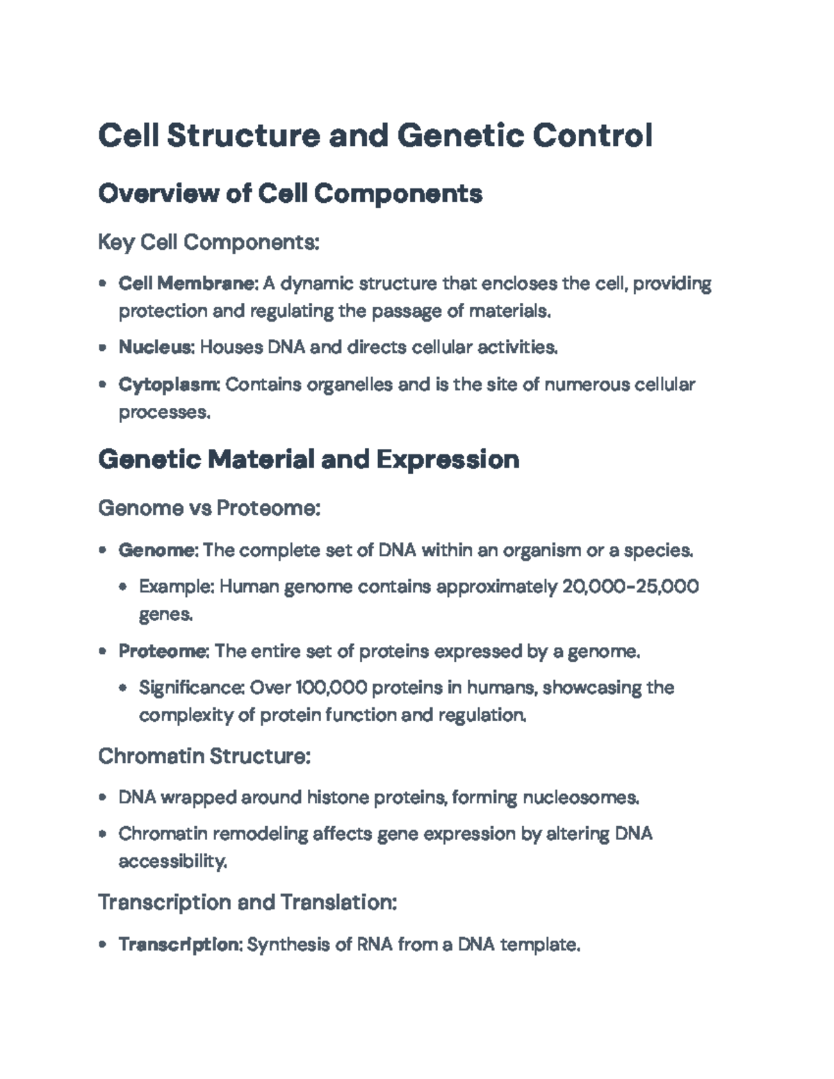 Cell Structure and Genetic Control Overview: Key Concepts and ...