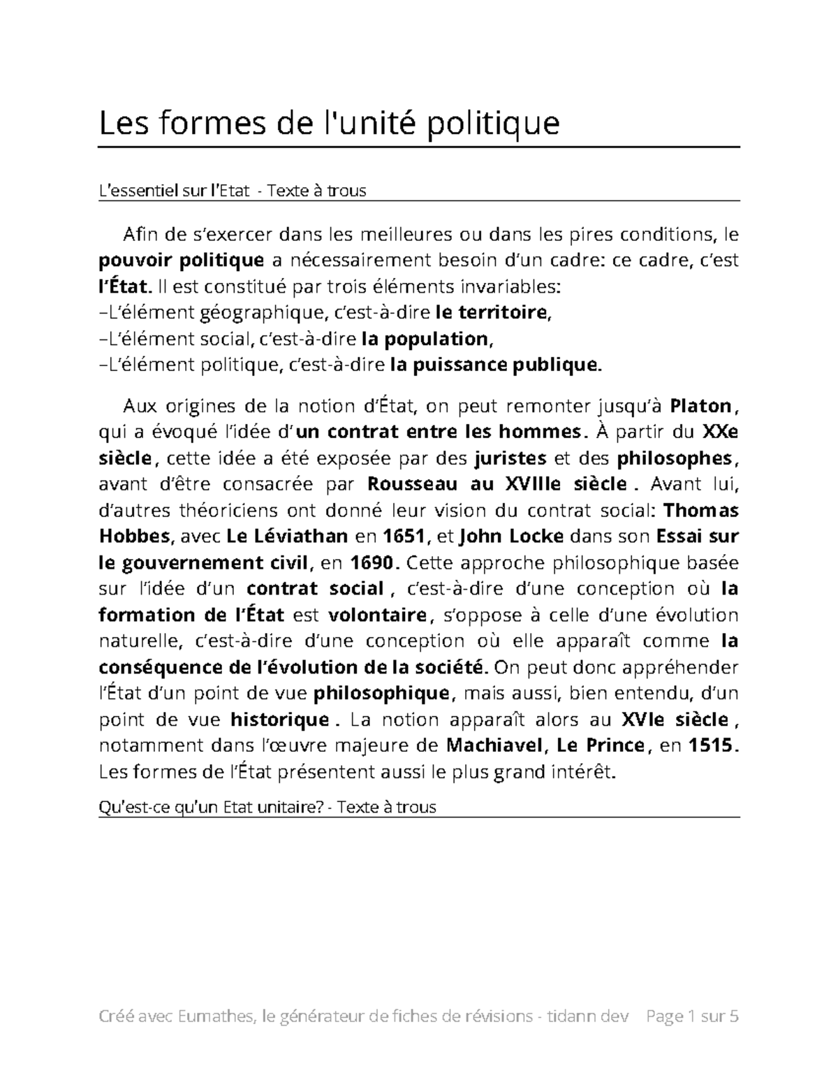 Les formes de l'unité politique: État unitaire et État fédéral - Studocu