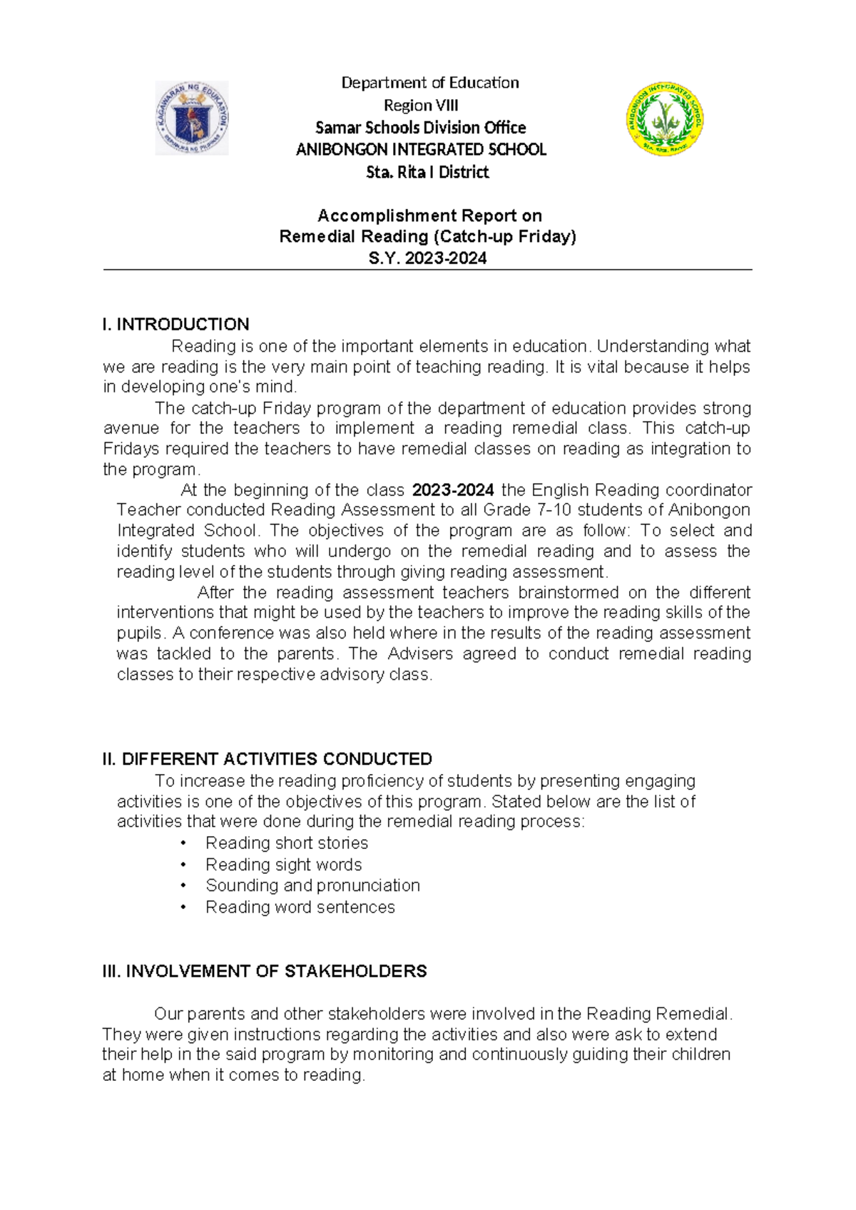 RRE Accomplishment Report: Remedial Reading Program Activities 2023 ...