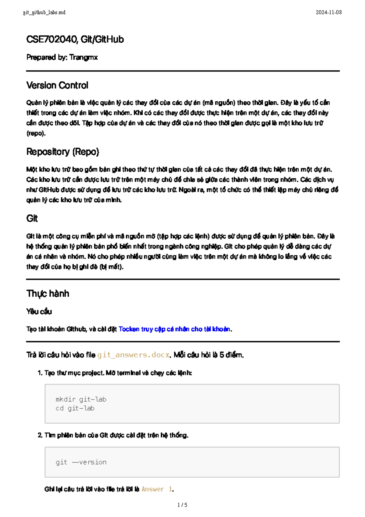 Git github labs - NO Description - CSE702040, Git/GitHub Prepared by ...