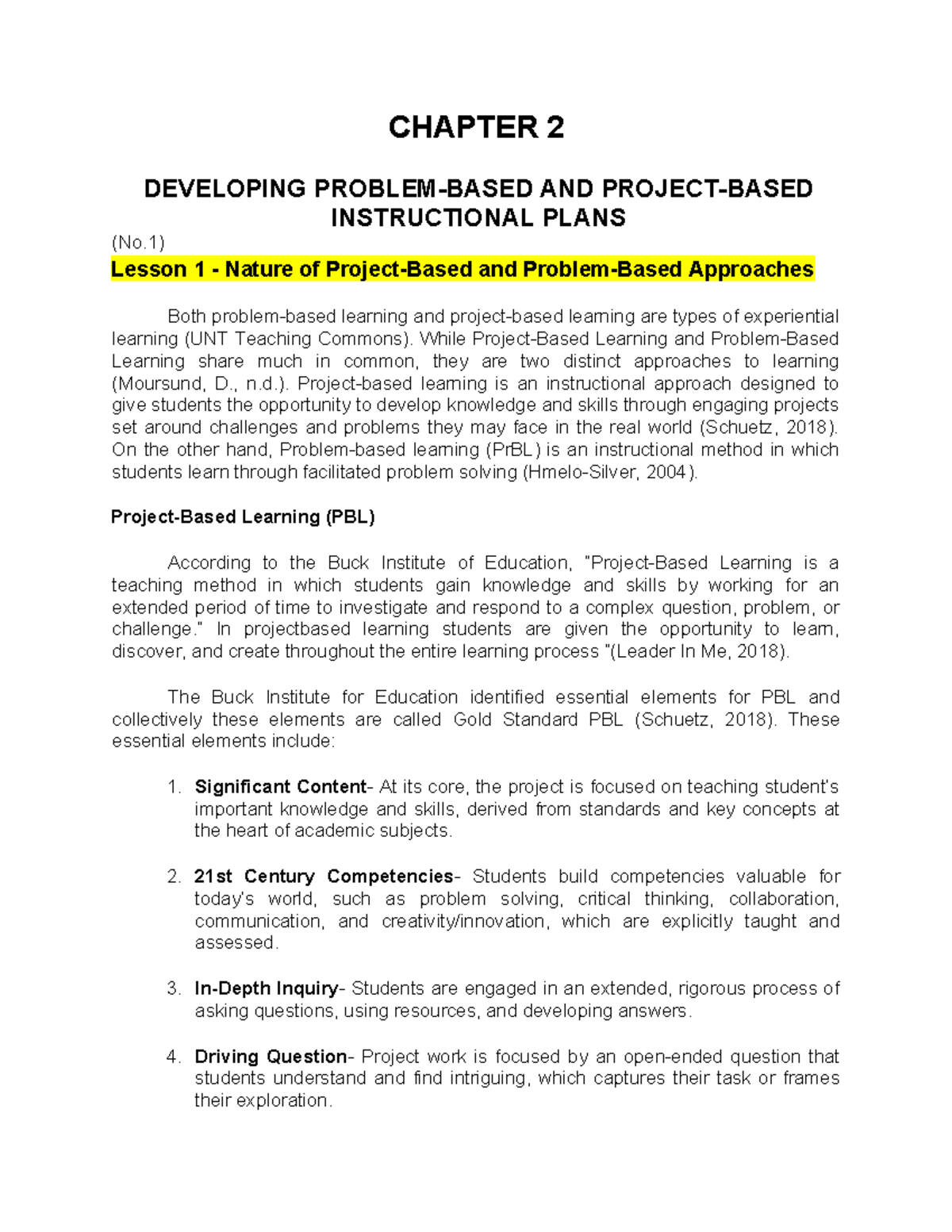 CHAPTER 2: DEVELOPING INSTRUCTIONAL PLANS - Lesson 1 on Learning Approaches - Document Preview