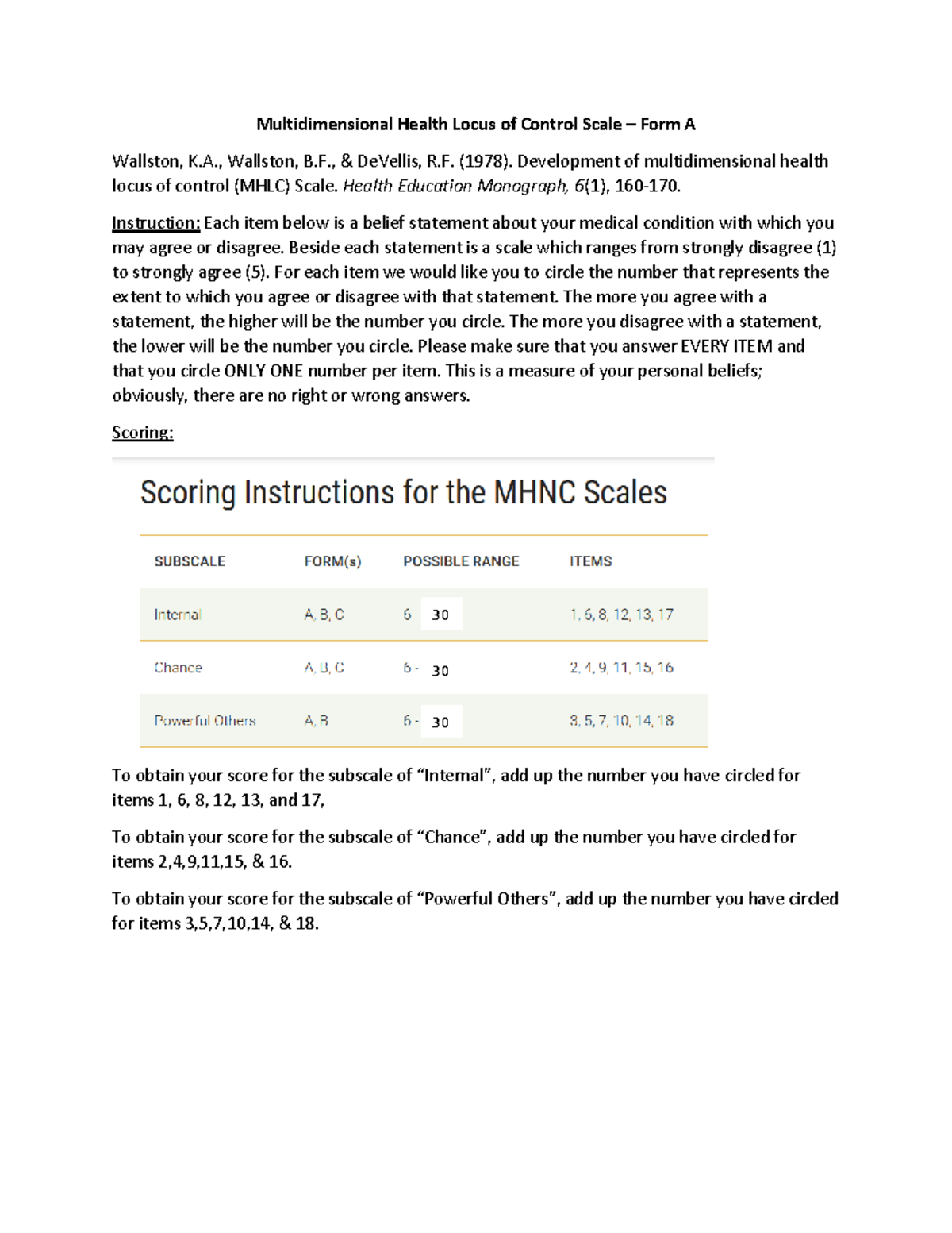 Instruction and Scoring of MHLC Scale Form A (1978) - Studocu
