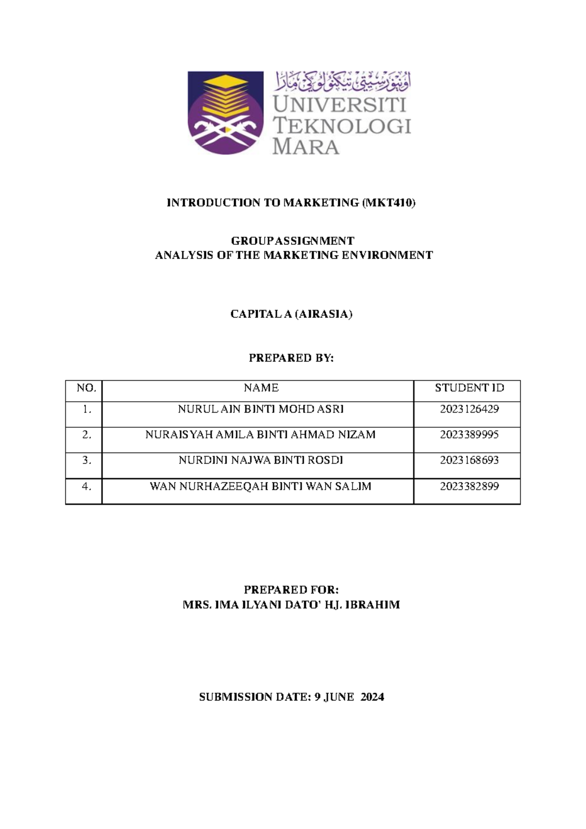 Mkt410 Group Assignment Introduction To Marketing Mkt410 Group