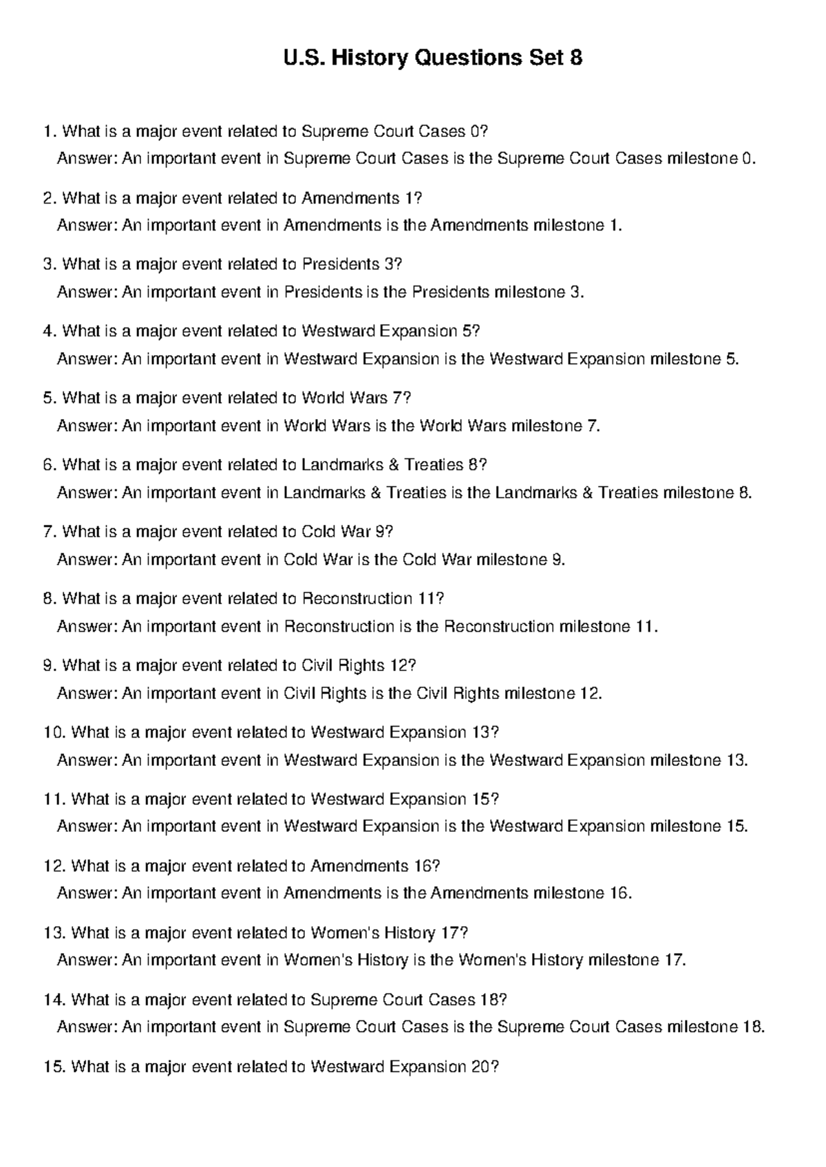 U.S. History Questions Set 8: Key Events and Milestones - Studocu