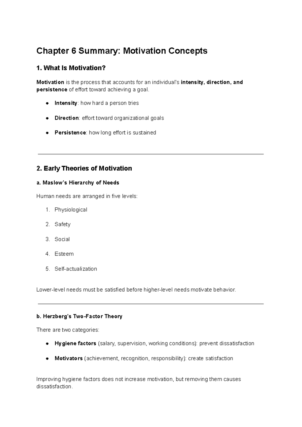 Chapter 6 Summary: Key Motivation Theories and Concepts - Studocu