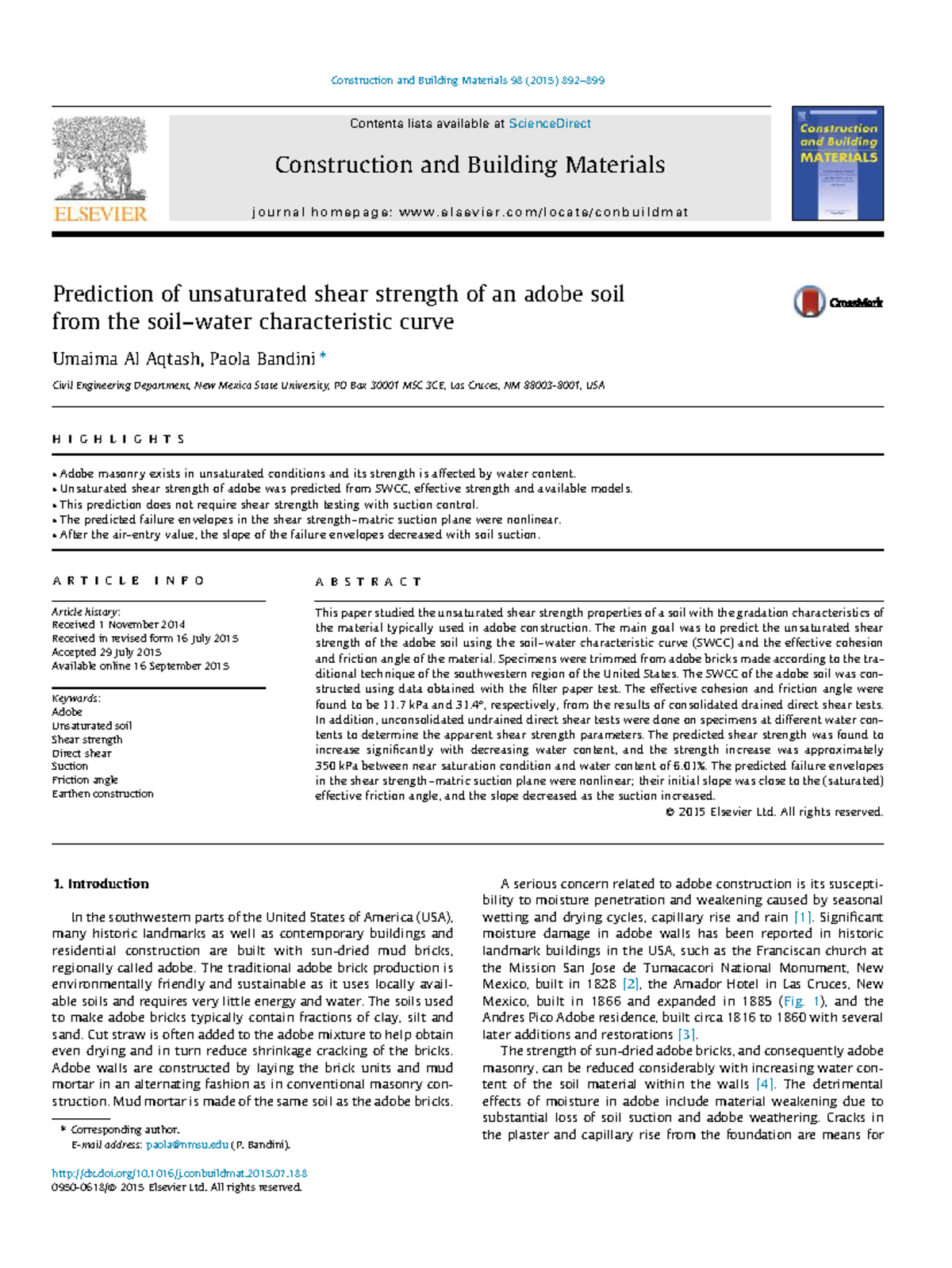 Prediction of Unsaturated Shear Strength of Adobe Soil (CE 98) - Studocu