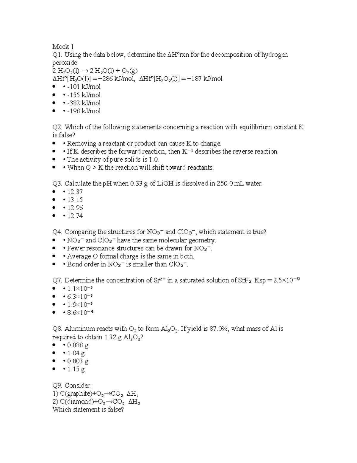 Full 30 Chemistry MCQs - Mock Exam Practice (Chem 101) - Studocu