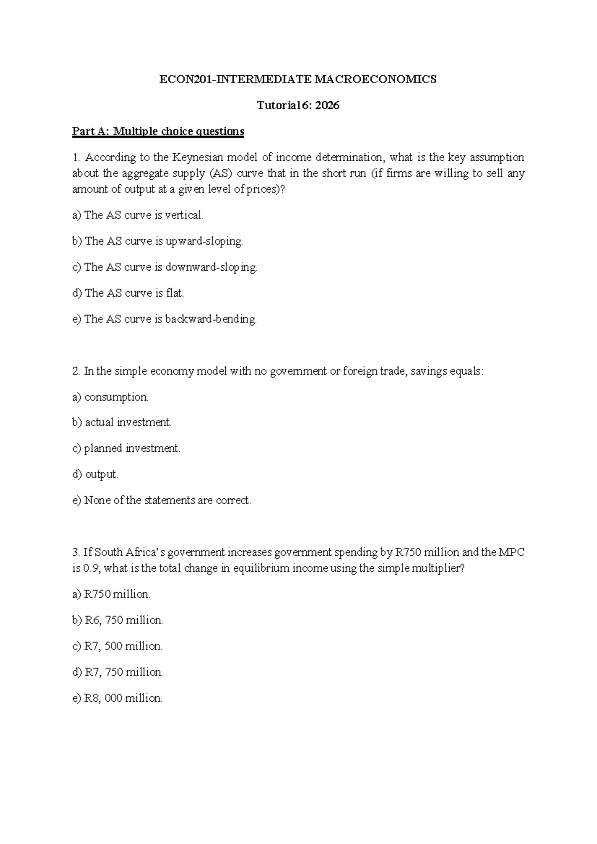 ECON201 Tutorial 6: Key Concepts & MCQs on Macroeconomics - Studocu