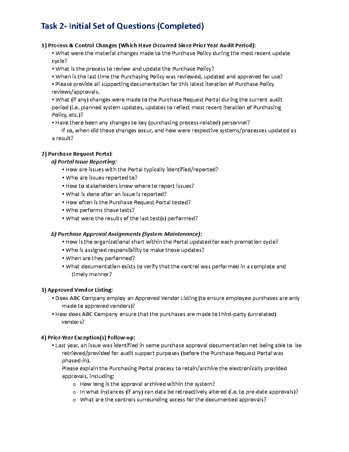 Task 1- Initial Set of Questions (Suggested) - Task 2- Initial Set of ...