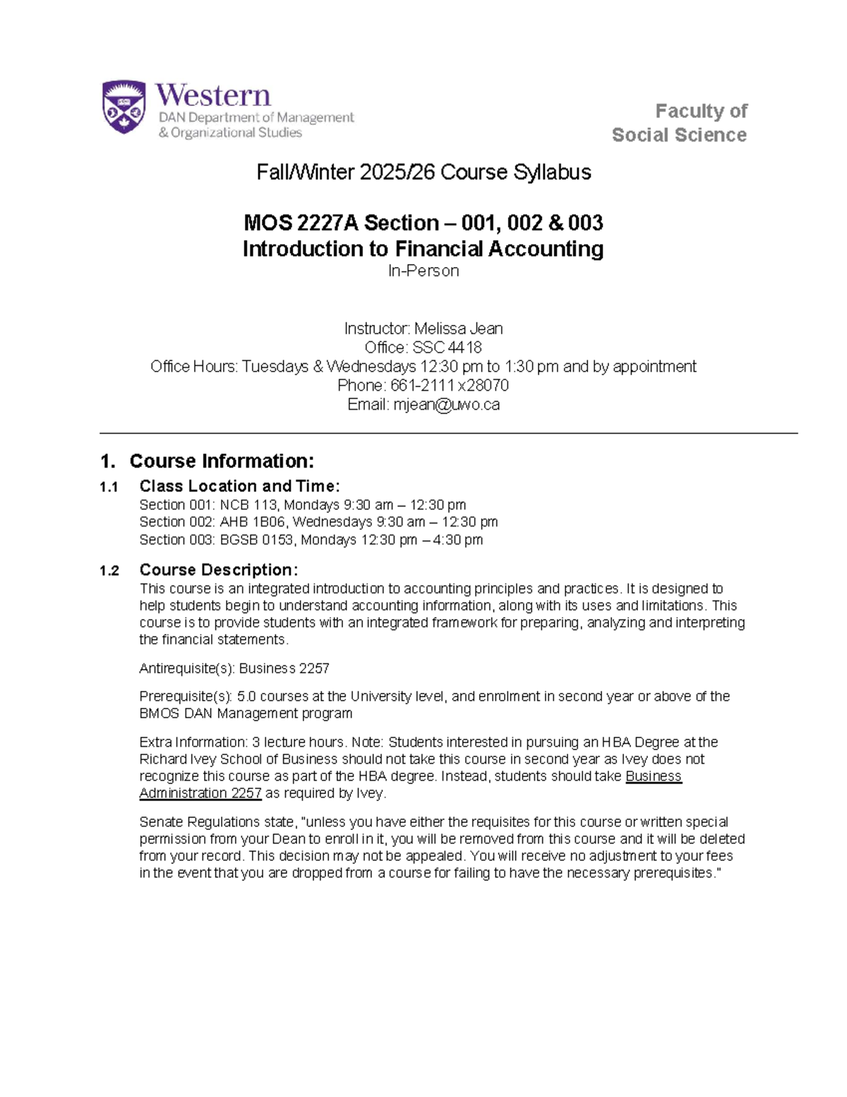 F2526 MOS 2227 Course Outline: Introduction to Financial Accounting ...