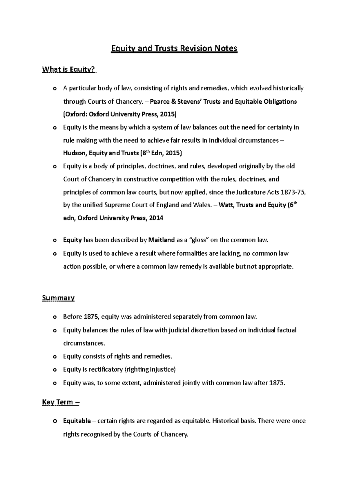 Equity and Trusts Revision Notes: Key Concepts and Principles - Studocu
