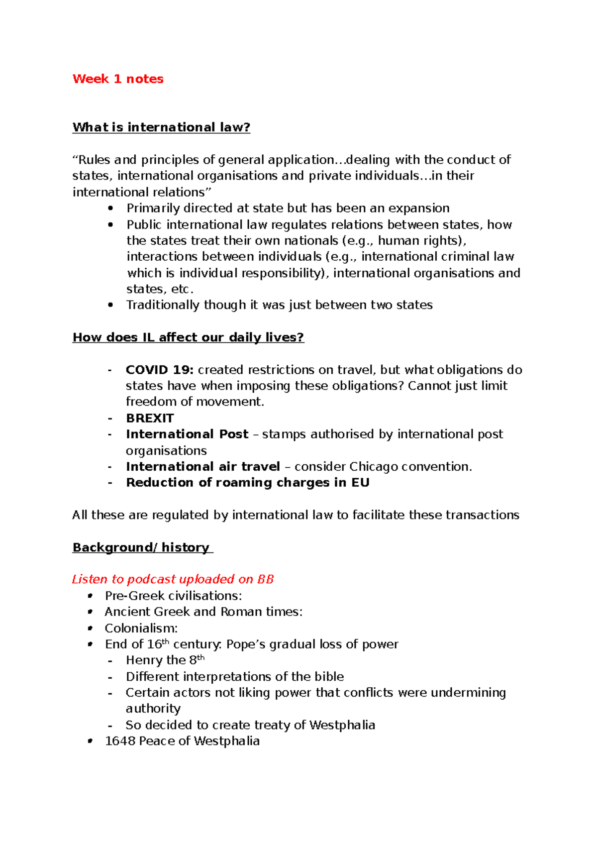 International Law Overview - Week 1 Notes for IL101 - Studeersnel