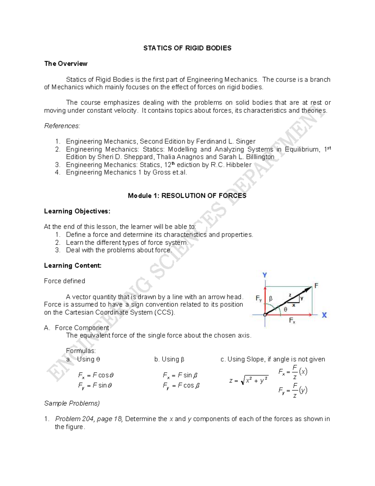 STATICS OF RIGID BODIES: Overview and Key Concepts (ENGR 101) - Studocu