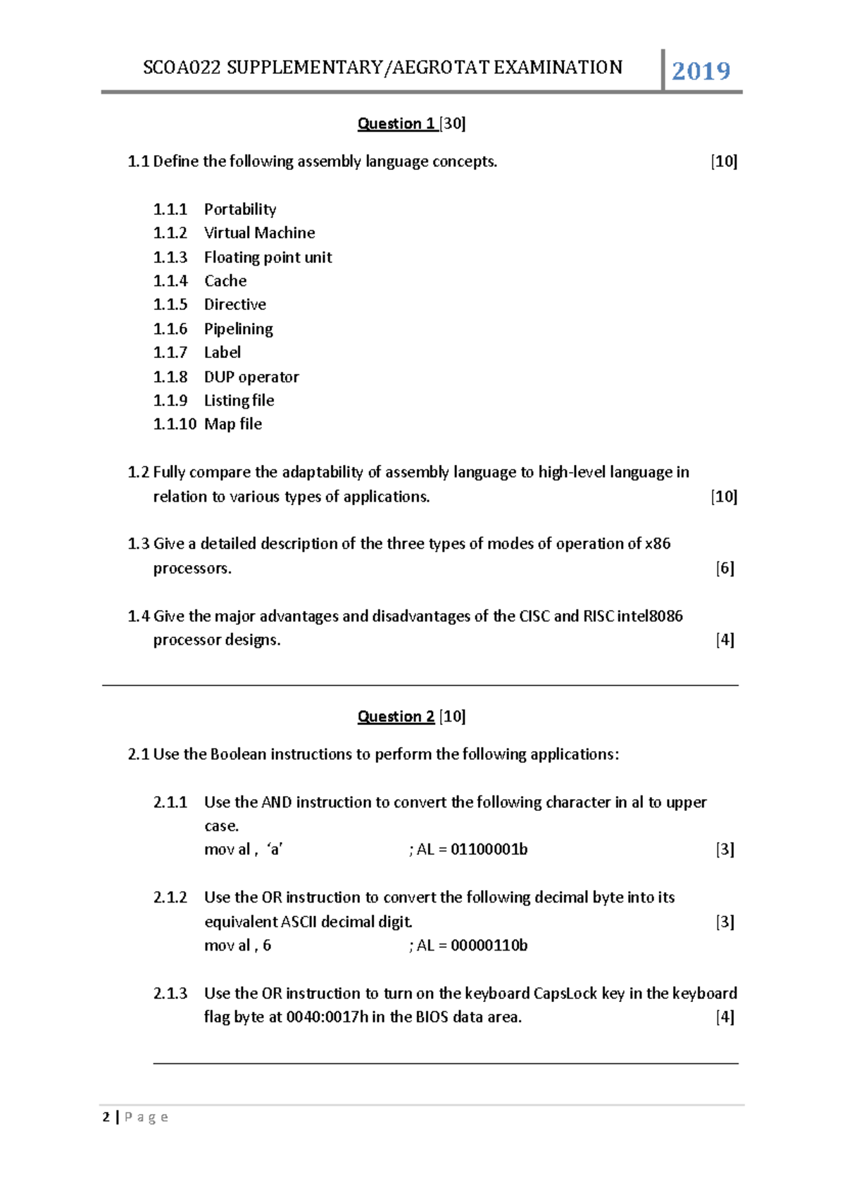 SCOA022 Supplementary Exam Paper 2019: Assembly Language Concepts - Studocu