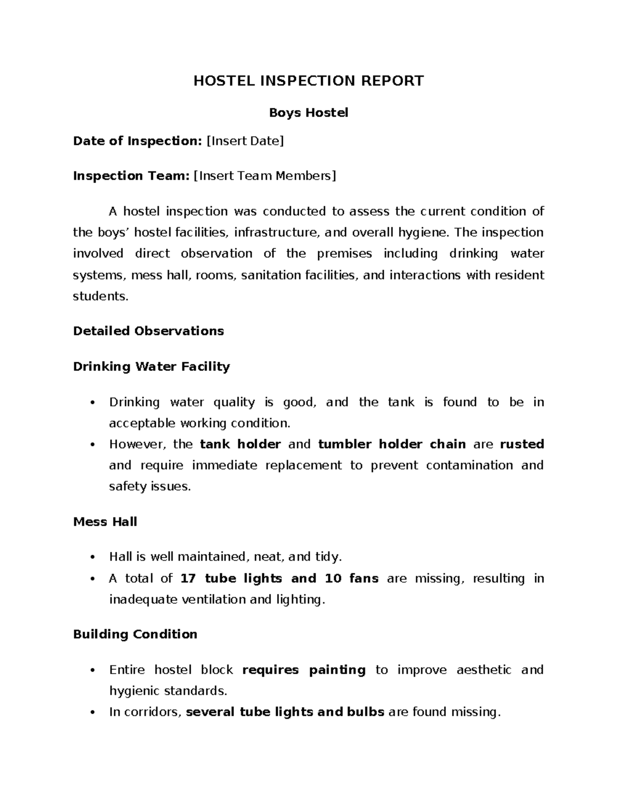 Boys Hostel Inspection Report: Condition & Recommendations - Studocu