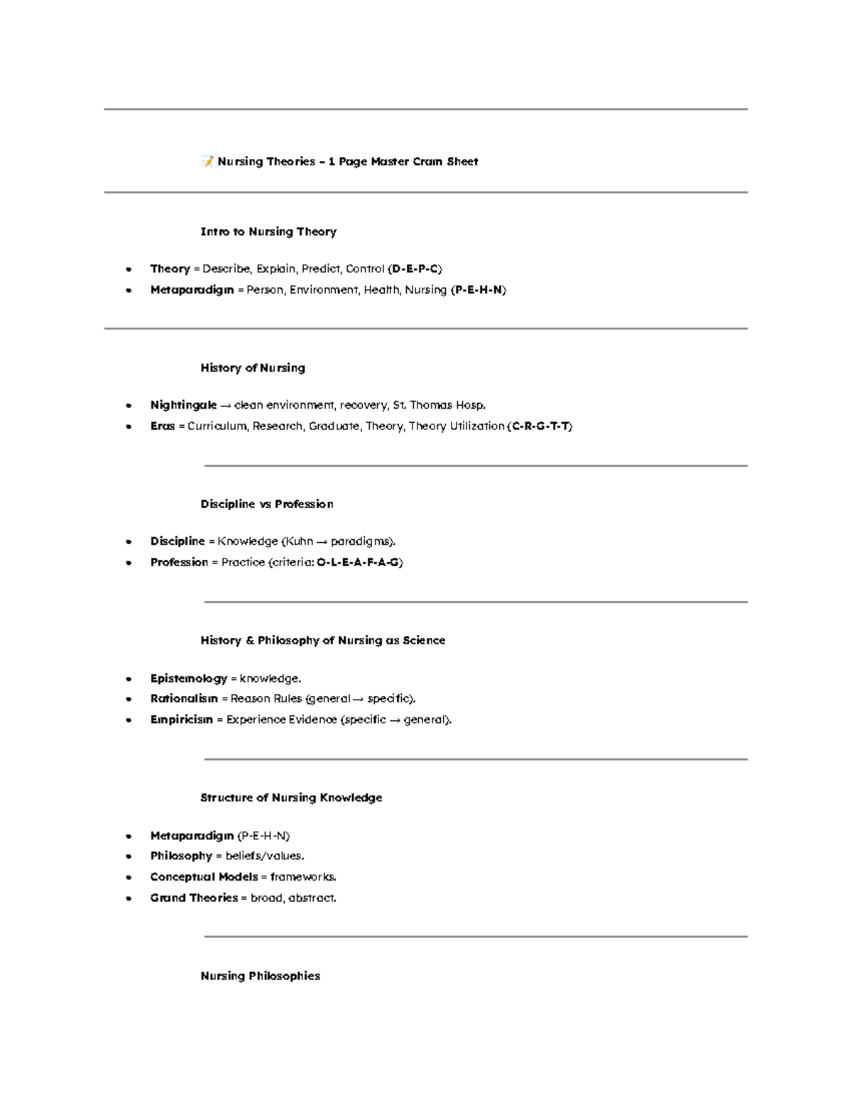 Nursing Theories: 1-Page Master Cram Sheet for Intro to Nursing - Studocu