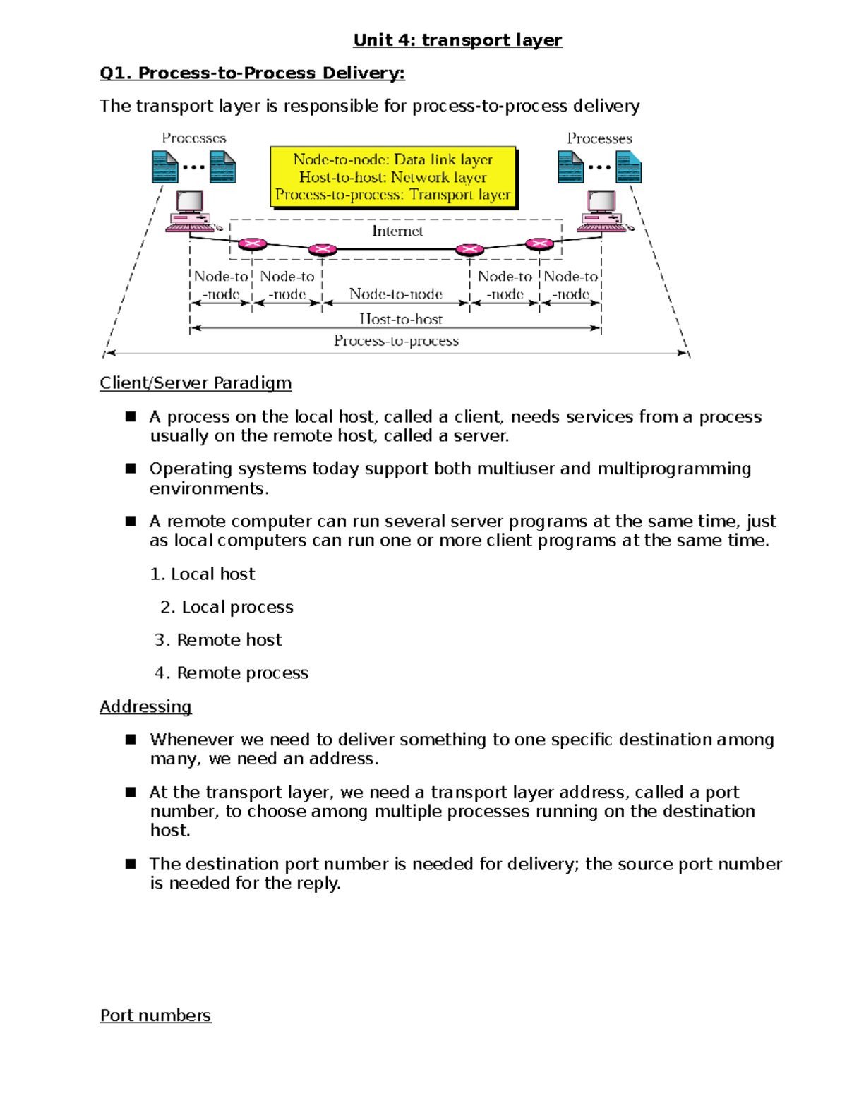 Unit 4-Transport Layer: Understanding Process-to-Process Delivery - Studocu
