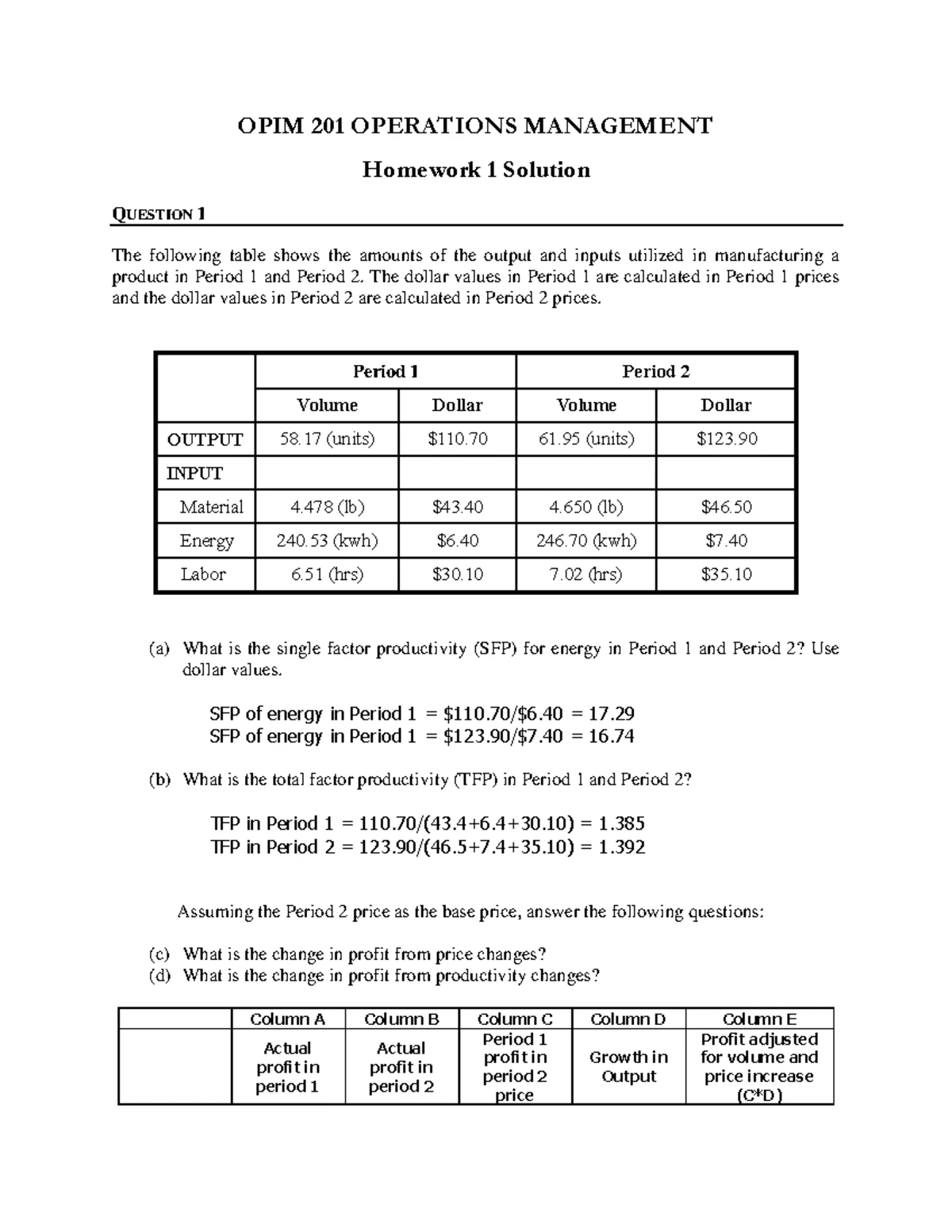 OPIM201 Homework 1 - OPIM 201 – Operations Management Homework 1 (60 ...